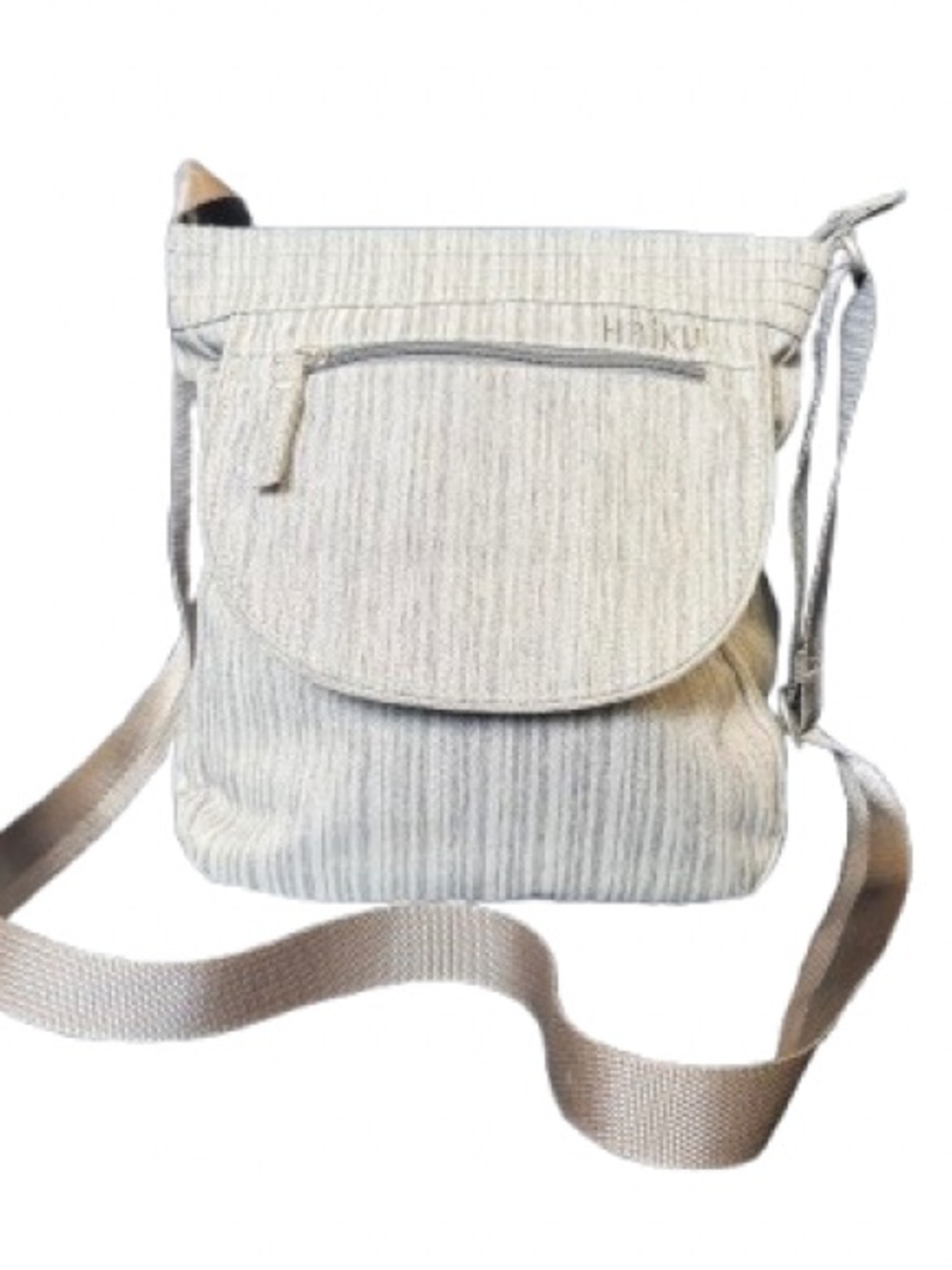 Haiku RFID Crossbody Bag Gray Stripe Travel Organizer Lightweight Vegan Purse
